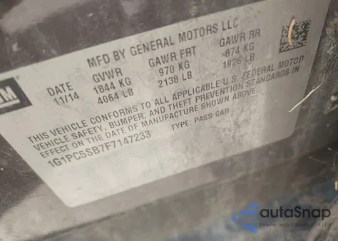 2015 Chevrolet Cruze 1Lt Auto из США, поврежденный, VIN 1G1PC5SB7F7147233